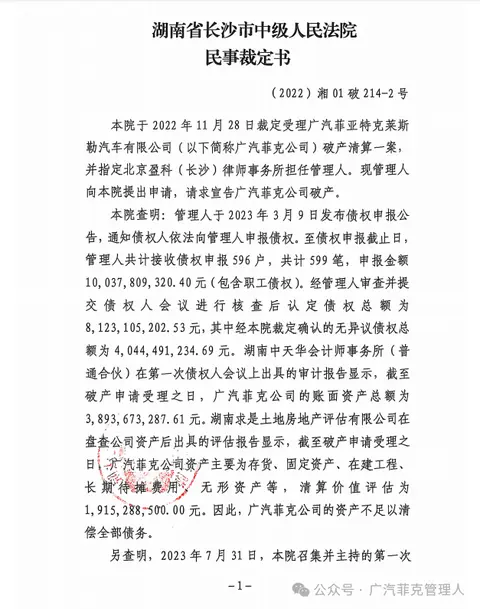 广汽菲克正式宣告破产